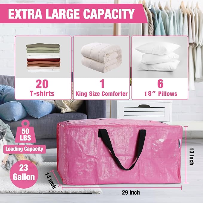 WORKPRO 6 Pack Extra Large Moving Bags with Zippers & Carrying Handles Backpack Straps, Heavy-Duty Storage Tote for Space Saving Moving Storage (Pink)