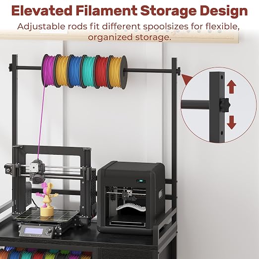 3D Printer Stand with Filament Storage – Tall 66" Heavy Duty Metal 3D Printer Table with Power Hub, Drawer & X-Bracket Stability for Workshop, Studio, Office