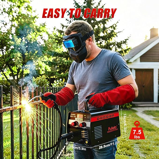 145A MIG Welder, 3 in 1 Flux Core Lift TIG Stick Welding Machine 110V IGBT Inverter Wire Feed Welder with Synergy Control, Welding Helmet and Gloves