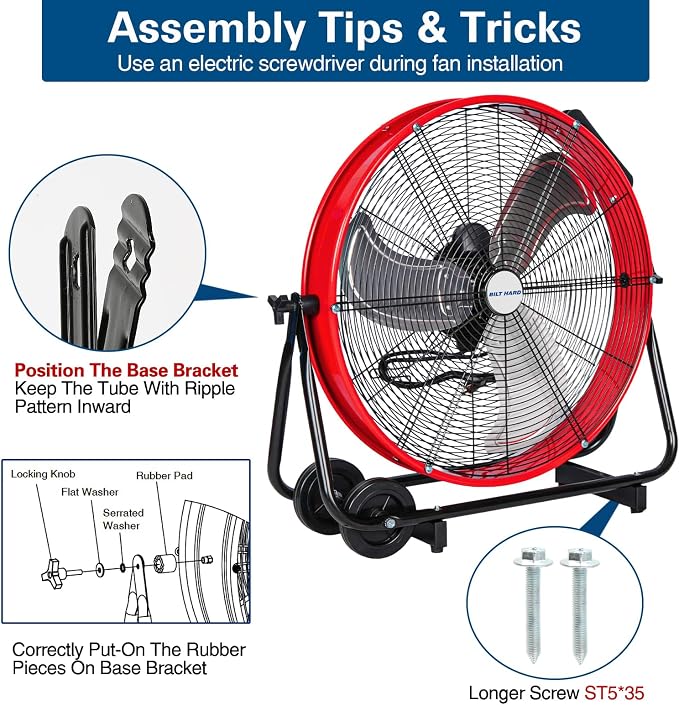 BILT HARD 24" Heavy Duty Industrial Drum Fan, 8100 CFM High Velocity Drum Fan with 3-Speed Control, Metal Shop Fan for Warehouse, Garage, Workshop, Basement and Factory