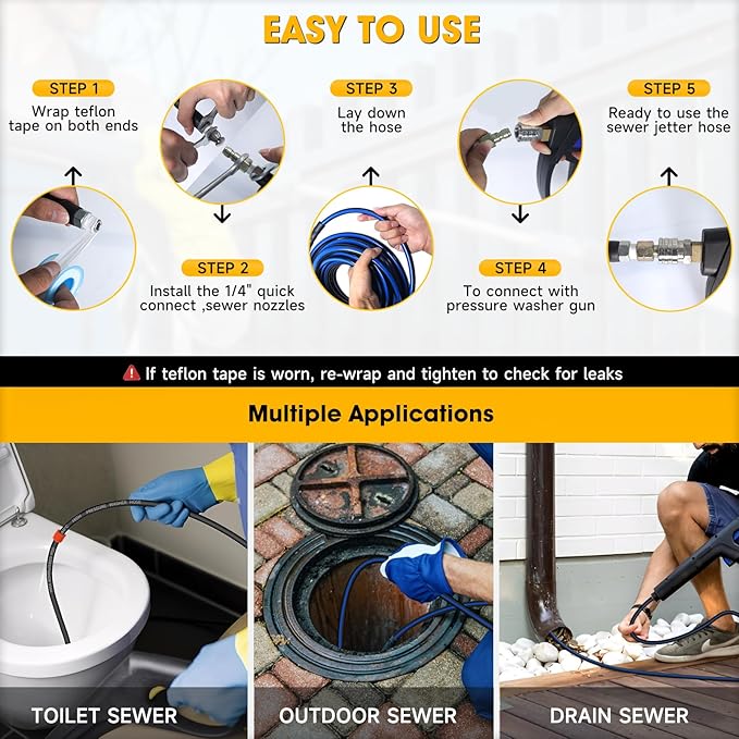 Sewer Jetter Kit for Pressure Washer 100ft – 5800PSI Drain Cleaning Hose 1/4" NPT Corner with High-Pressure Nozzles, Watering Spray Nozzle, Sewer Cleaning Tools & Easy-to-Store Strap