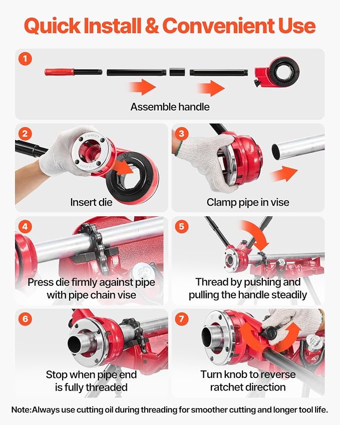 VEVOR Ratchet Pipe Threader Kit with 7 Dies, 3/8" BSPT to 2" BSPT Manual Ratcheting Pipe Threading Tool, Portable Pipes Threader Set with Toolbox for Plumbing Installation & Repair
