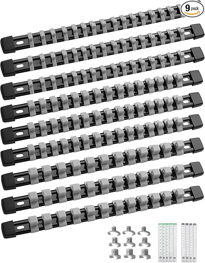 ALOANES 9PC Socket Organizer, Socket Rails Fit 1/2", 1/4" and 3/8" Drive | Heavy Duty ABS Socket Holders Hold up 129 Sockets for Toolbox Drawer Bags(Grey)