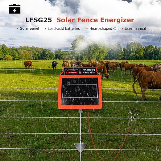 LFGS25 Solar Electric Fence Charger, 25 Miles Solar Charger,0.5J Portable Powered Charger with Day or Night Mode for Livestock, Cattle Sheep, Pigs, Horses