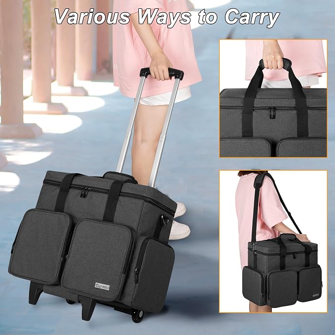 CURMIO Rolling Scrapbook Bag, Craft Bag with Wheels for Paper, Ablum, Black | Crafts Supplies Tote with Wheels, with 2 detachable zipper pouches, Removable Bottom Board, Shoulder Straps, Large Capacity