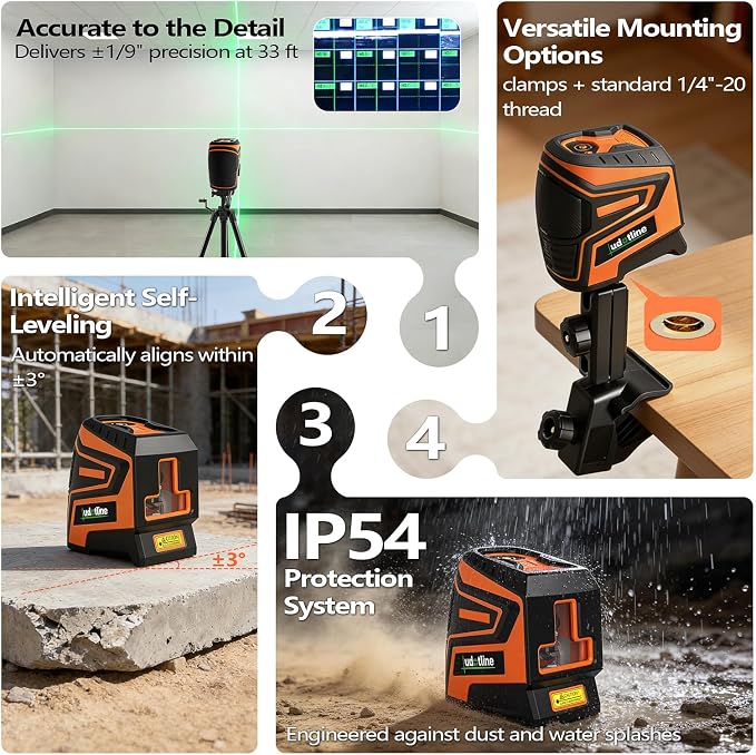Lasers Level 2-Cross Line Green Self-Leveling Lazer leveler tools | Universal adjustable clamp mount, 2200mAh Li-ion battery, Type-C rechargeable. For cabinet install & minor home renovation.