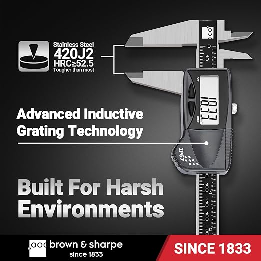 Brown & Sharpe 6" Digital Caliper, IP67 Stainless Steel, Large LCD Display, Locking Screw, ABS/DIFF Measurement, Inch & Millimeter Conversion, High-Contrast Readings