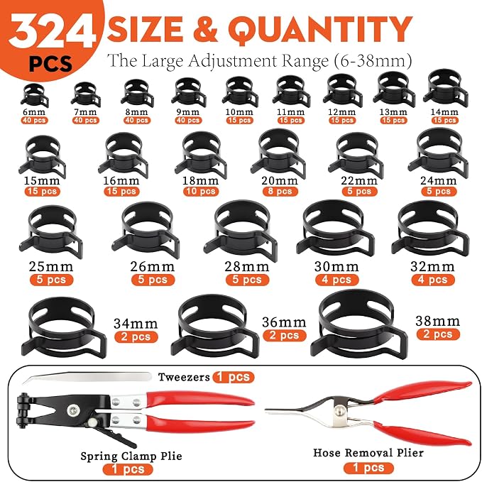 324Pcs Spring Hose Clamp Kit (6-38mm) with 2 Pliers | 23 Sizes Anti-Rust Steel Clamps for Fuel Line, Vacuum Tube & PC Cooling. Stop Leaks in Auto & Home Repairs Effortlessly
