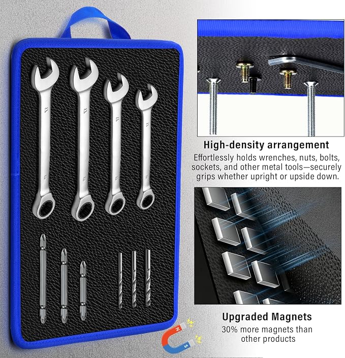 Flexible Magnetic Tool Mat with handles, 12.8" x9.5" Non-Slip Magnetic Tool Organizer & &Telescoping Magnetic Tool, Magnetic Tool Mat for Mechanics, Garage, Workshop & Auto Repair(Blue)