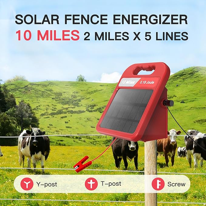Solar Electric Fence Charger-0.18J-10 Miles, Maximum Output Voltage 9300V- Provide 24-Hour Uninterrupted Protection for Livestock and Yards with Rechargeable Solar Panel Red