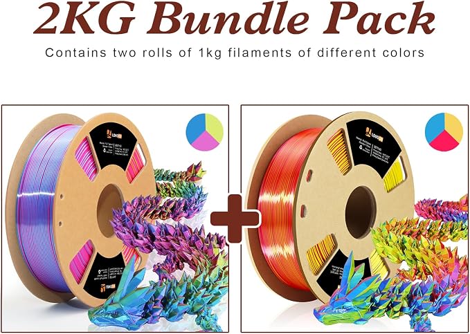 LOVOON Silk PLA 3D Printer Filament Bundle 2 KG, PLA Filament 1.75mm, Shiny Silk Tri Color Blue/Yellow/Red and Rose Red/Sky Blue/Yellow, Color Change by Angle 3D Printer PLA Filaments, 1KG X 2 Spools