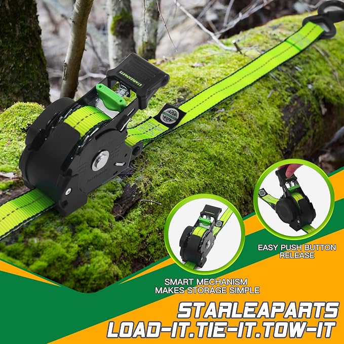 STARLEAPARTS Retractable Ratchet Straps,1500lbs Break Strength,1.0in X12ft | 4pk Retractable Tie Down Set, Auto Ratchet Strap for Motorcyle,Pickups, Kayak, Truck