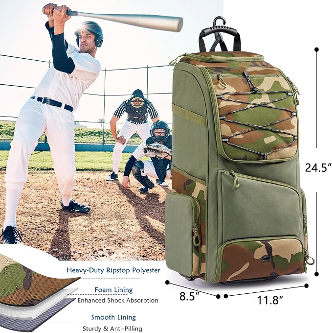 Large Rolling Baseball Catchers Gear Bag with Wheels, Softball Bag with Hard Backing for 4 Bats,Equipment Bag with Separate Shoe & Helmet Compartments, Youth Baseball Bag with 360° Spinner Wheels