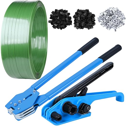MYFAMIREA Banding Packaging Pallet Strapping Kit Poly Strapping Tensioner Tool, Banding Sealer Tool, 1772 FT Banding, 400 Metal Seals Seals, 200 Packaging Corner, 200 Perforated Wrapping Corner (Blue)