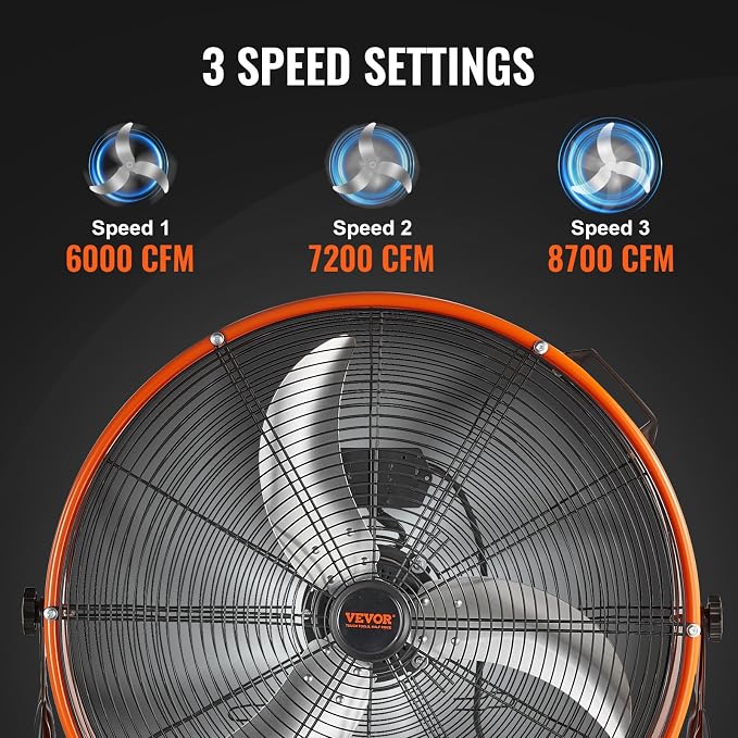 VEVOR Drum Fan, 24 Inch 8700 CFM High Velocity Heavy Duty Floor Shop Fan, 3-Speed, 5ft Cord, 360°Adjustable Tilting, Commercial Industrial Use for Warehouse, Workshop, Factory, Basement
