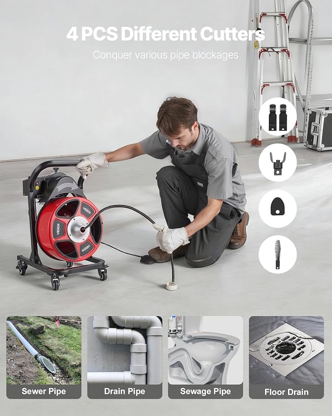 VEVOR Drain Cleaner Machine 50 FT x 1/2 Inch, Manual Feed Sewer Snake Auger on Wheels - with 4 Cutters & Air-activated Foot Switch for 2" to 6" Pipes