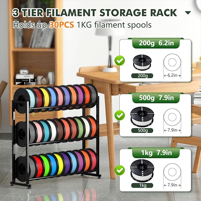 3-Tier 3D Filament Storage Rack - Heavy Duty Metal Spool Shelf for 30 Rolls | 3D Printer Filament Rack for PLA, ABS, TPU Filament Storage, Filament Holder for 3D Printing Workstation, Office, Workshop