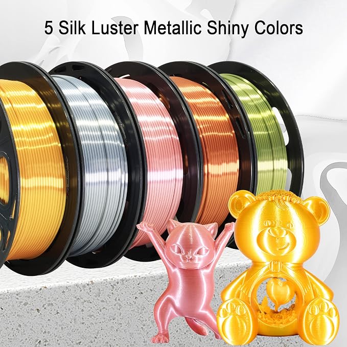 1.75mm Silk PLA Filament 5 in 1 Bundle Pack, 5 Silk Metallic Shiny Colors: Gold/Silver/Copper/Bronze/Rose Gold, Each Spool 250g, 5 Spools, Total 1.25Kg 3D Printing Material, 250g x 5 Spools