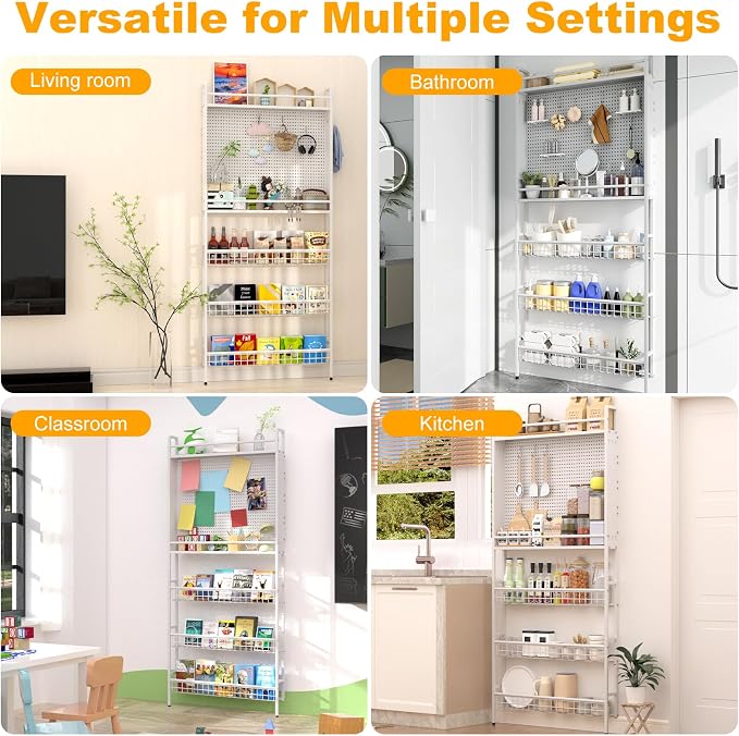 Behind the Door Bookshelf, Space Saving Metal Slim Shelf After Door | Tall Narrow Wall Mounted Storage Cabinet, Behind Door Standing Bookcase with Hooks for Books Bedroom Living Room Office