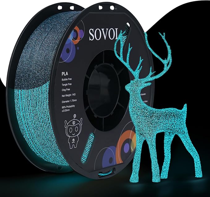 Sovol 3D Printer Luminous Filament, Glow in The Dark PLA 1kg (2.2 lbs) Spool 3D Printing Materials, Dimensional Accuracy +/- 0.03 mm, 1.75 mm, Shiny Blue