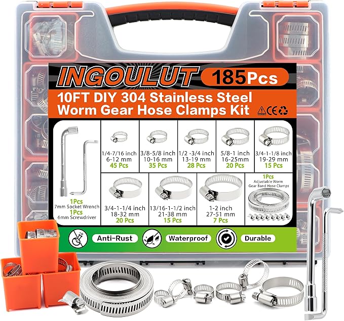 185Pcs Stainless Steel Hose Clamps Assortment Kit 1/4"to 2"(6-51mm)+10FT Metal Strap+8Pcs Fasteners Adjustable Worm Gear Hose Clamps for Automotive/Garden/Water Pipe/Sprinkler Line/Fuel Line