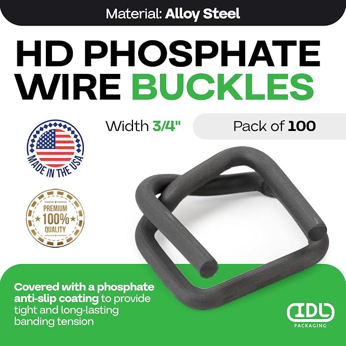 Cord Strapping Buckles 3/4", Pack of 100 - Heavy-Duty Metal Buckles with Phosphate Coating for Woven Cord Strapping - Reusable Metal Wire Buckle for Strapping - SKU BP34-M by IDL Packaging