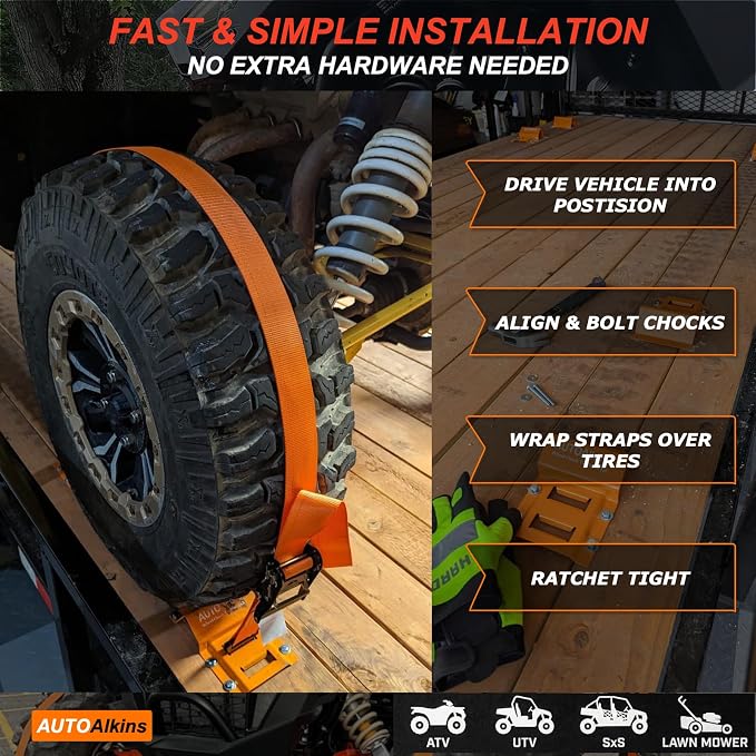 Wheel Chock Tie Down Kit, 4,400lb Break Strength — 4 Heavy Duty E-Track Tire Ratchet Straps & 8 Steel Wheel Chocks, Complete Trailer Tie Down System for ATV, UTV, Lawn Mower & SxS (Orange)