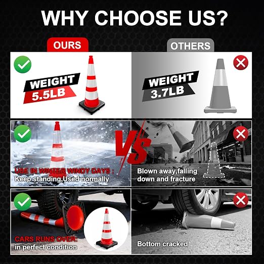 YATOINTO Traffic Cones 28 Inch with Weighted Base,Spring Back After Flattening,3 Reflective Collars,PVC Large Orange Construction Cones,Driving Training,Parking Lots,Highway,Roadwork,4 Pack