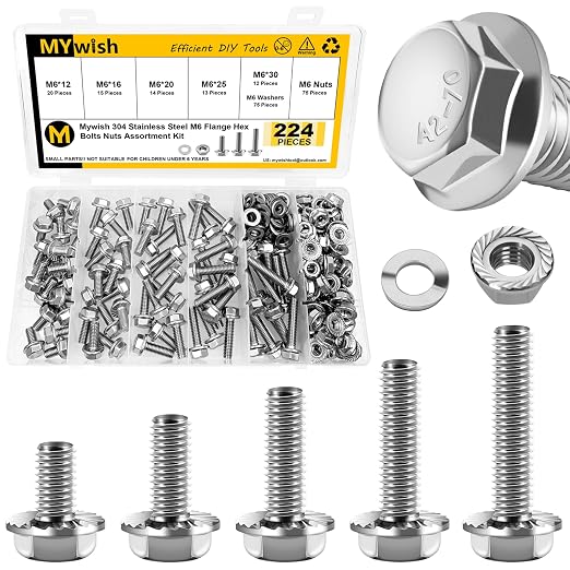 224Pcs M6 Bolt x 12/16/20/25/30mm, M6x1.0 Bolt, Flanged Hex Head Bolts with Flange Nuts Washers, 304 Stainless Steel M6 Screws, Metric Bolt Assortment, DIN 6921 By Mywish