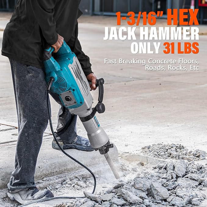 Berserker 1700W 30-Pound Demolition Jack Hammer 65F with 1-3/16" Hex,14Amp | Heavy duty Corded Electric Concrete/Pavement Breaker with Trigger Lock, Wheeled Carrying Case, Flat Chisel, Bull Point Chisel
