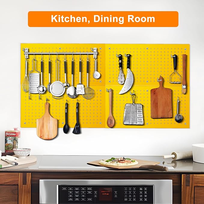 Metal Peg Board Panels, Pegboard Panels, Heavy Duty Pegboards | 4 Pack Yellow Peg Boards, Wall Organizer For Workbench, Shop, Shed, Modular Organizer Board Kit, Wall Organizer