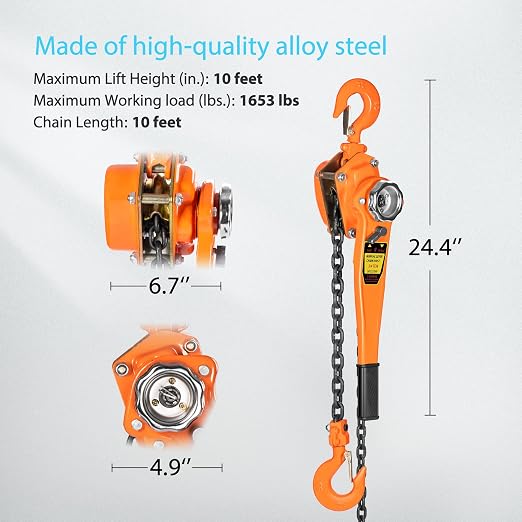 SPECSTAR Lever Chain Hoist 3/4 Ton 1650 Lbs Capacity 10 Feet with 2 Heavy Duty Hooks, Chain Come Along for Warehouse Building Automotive Machinery