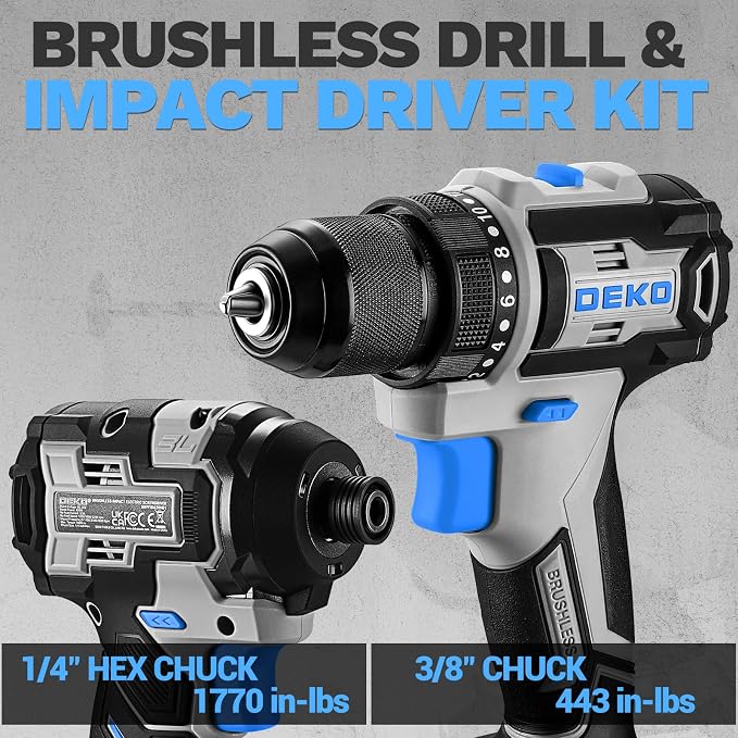 Cordless Drill & Impact Driver: DEKOPRO 20V Brushless Power Drill and 20V Brushless Impact Driver Set, Power Tool Set with 2 x 2.0Ah Batteries, Charger, Bag& 52 x Accessories-Blue