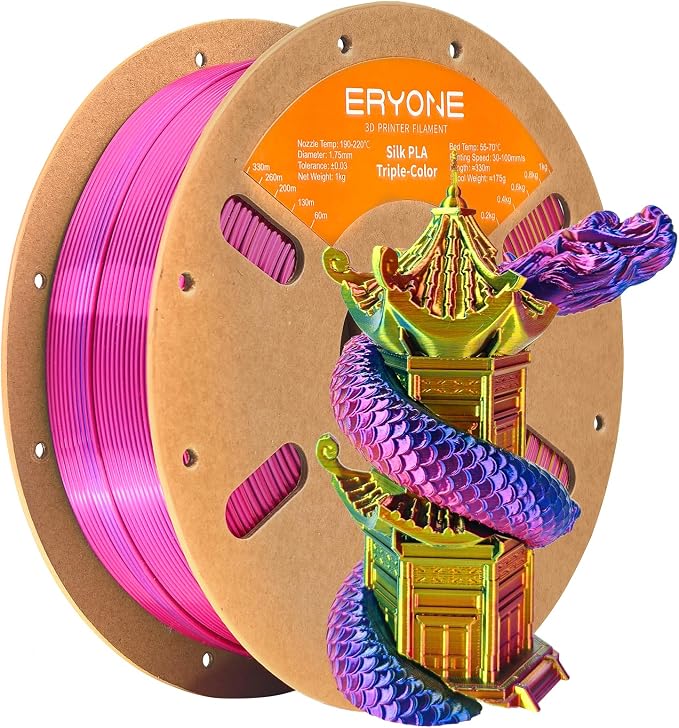 ERYONE Silk Tri Color PLA Filament 3D Printer 1.75mm +/- 0.03mm, Multicolor Filament Tricolor PLA 1KG(2.2lbs) Cardboard Spool, Red Yellow Blue