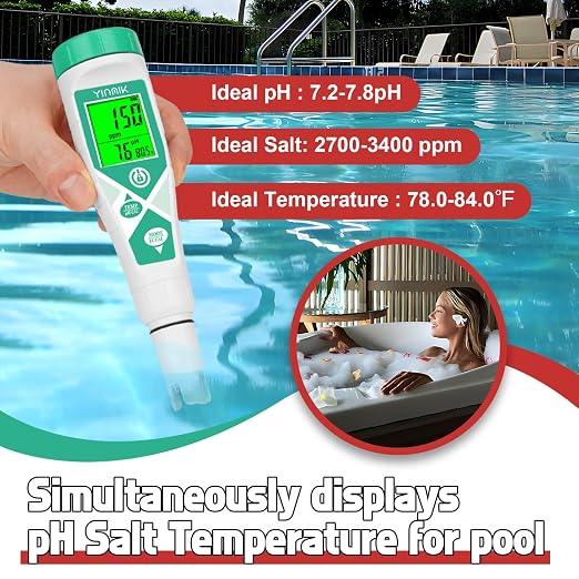 YINMIK Pool pH Salt Tester, Digital Salinity Meter for Saltwater Pool, Simultaneous Display Salt pH TDS for Koi Pond, Reef Tank, Aquarium, Hydroponic PPM pH EC Reader, Hydrometer with S.G. Card