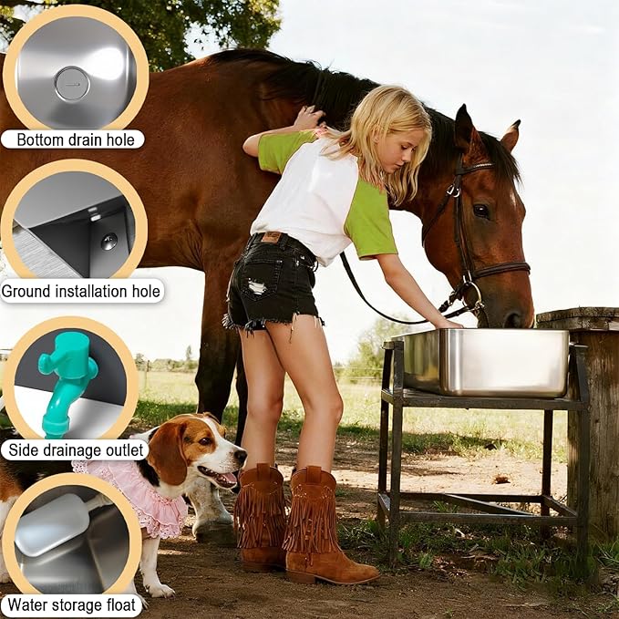 Automatic Livestock Water Trough 3 Gallons/12 Quart Livestock Animal Stainless Steel Automatic Waterer with Float Valve Kit for Goat Cattle Horse Hog Pigs Dog Outdoor, 22" L x8.6 W x 5.1" H