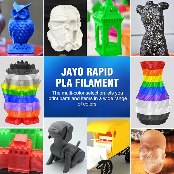 JAYO Rapid PLA 3D Printer Filament Bundle 2KG, High Speed PLA Filament 1.75mm 50mm/s - 600mm/s Print Range, 8 Pack 250g Spool Filament (Black, White, Blue, Red, Pink, Orange, Yellow, Olive Green)