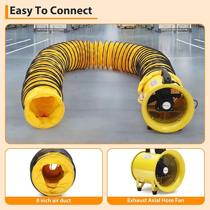 8 Inch Utility Blower Fan | 3300 RPM High Speed, Heavy Duty, IP44 Waterproof Extractor, 33 ft PVC Duct Hose, Industrial Portable Exhaust Ventilation