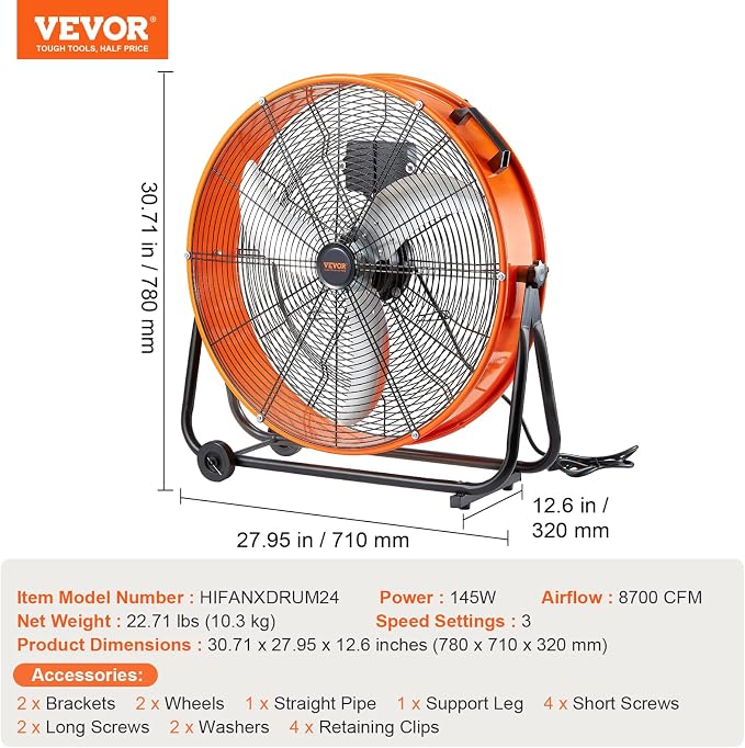 VEVOR 24" Industrial Drum Fan, 8700 CFM High Velocity Floor Fan with 3-Speed Control, 360° Tilt & 0-2h Timer for Warehouse, Workshop, Factory, Basement