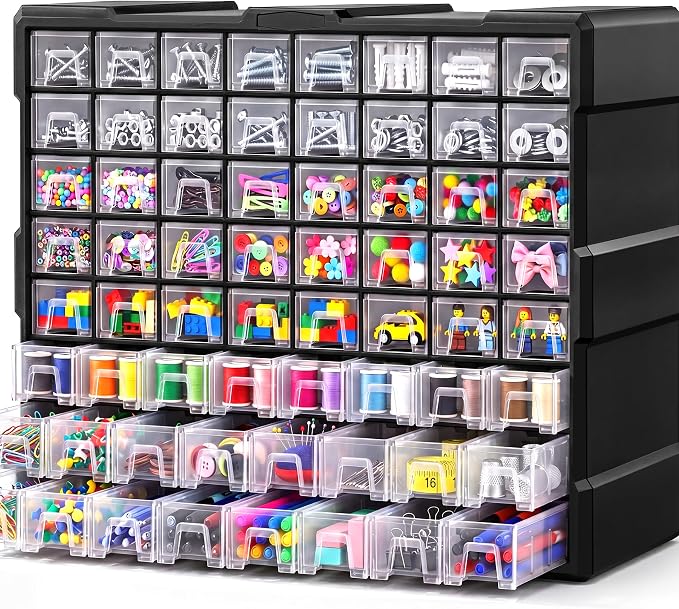 PurKeep 64-Drawer Organizer for Garage Building Bricks Storage,𝐓𝐡𝐢𝐜𝐤𝐞𝐫 Drawer Storage Cabinet with Dividers and Labels for Hardware,Screws,Nuts Bolts, Garage Tools,Charms,Beads,Craft,Scrapbook