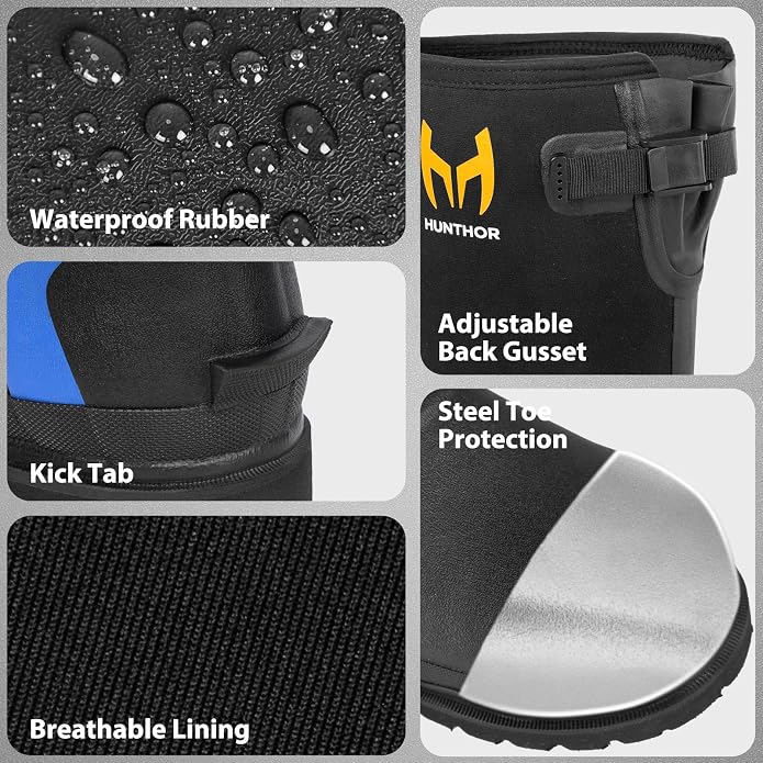 Rubber Work Boots with 800g Insulation, Puncture-Proof Steel Toe & Shank, Lightweight EVA Outsole Waterproof Insulated Neoprene Hunting Boots for Farming, Construction and Manufacturing (Size 6-14)