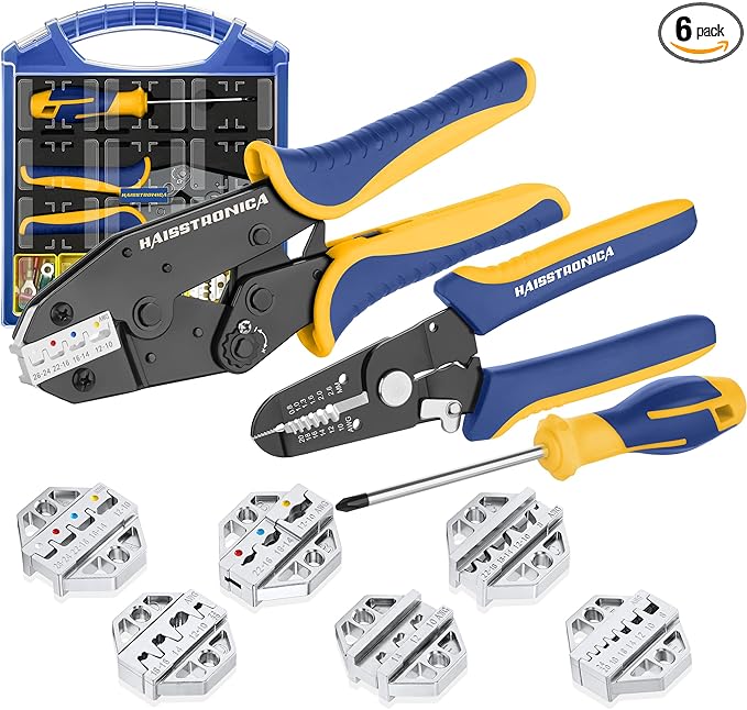 haisstronica Crimping Tool Set - 6PCS Crimping Die for Heat Shrink,Insulated Nylon,Non-Insulated,Ferrule Wire End,Open Barrel Terminals,Solar Connectors - with Wire Stripper Tool and Screwdriver
