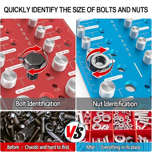 Upgrade Thread Checker, 78 Nut and Bolt Thread Checker with Magnetic Base, 28 Standard & 28 Metric & 22 Drill Bit Gauge, Wall-Mountable Bolt Thread Identifier Gauge for Quick Measurement