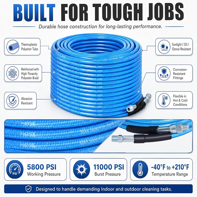 100 FT Sewer Jetter Kit for Pressure Washer, 5800PSI Water Jet Drain Cleaner Hose, 1/4 Inch NPT Corner with 4 Sewer Jetting Nozzles, Pearl Corsage Pin, Waterproof Tape, Handle Strap&2 Spanner (Blue)