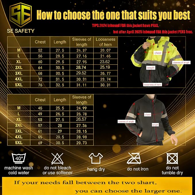sesafety High Visibility Reflective Jackets for Men Waterproof, 3 In 1 Hi-Vis Reflective Winter Bomber Safety Rain Coat with Zipper Sweater, Construction