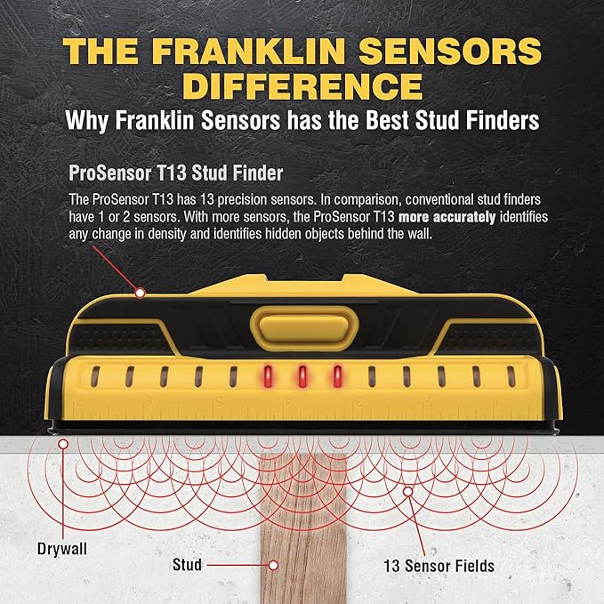 Franklin Sensors ProSensor T13 Stud Finder with 13-Sensors, Wood & Metal Stud Detector/Wall Scanner for Drywall, Built-in Bubble Level, Made in The USA