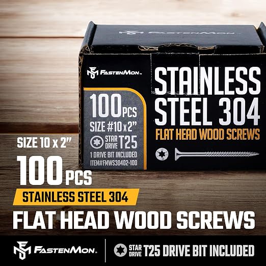 304 Stainless Steel Deck Screws, #10 x 2, 100 PCS | Torx Flat Head Type 17 Point with T25 Bit, Ideal for Outdoor Wood Projects, Fences, Benches, Picnic Tables, Decks, Bulk Box