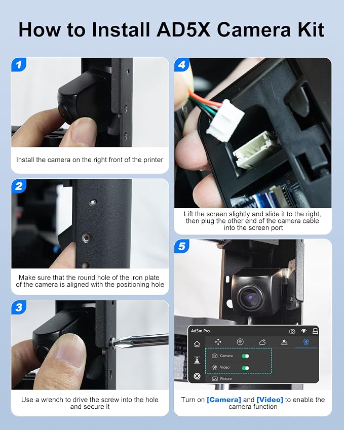Camera Kit for FLASHFORGE AD5X Adventurer 5M/5M Pro 3D Printers, Real-Time Remote Monitoring Time-Lapse Recording Compatible with Flash Maker App, 3D Printer Accessory for Adventure AD 5X/AD5M/5M PRO