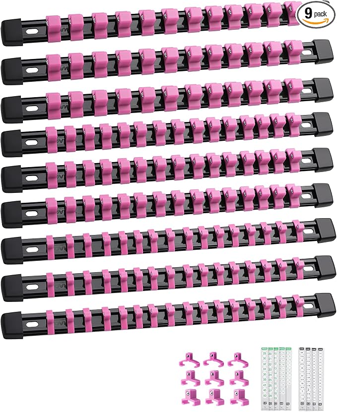 ALOANES 9PC Socket Organizer, Socket Rails Fit 1/2", 1/4" and 3/8" Drive | Heavy Duty ABS Socket Holders Hold up 129 Sockets for Toolbox Drawer Bags(Pink)