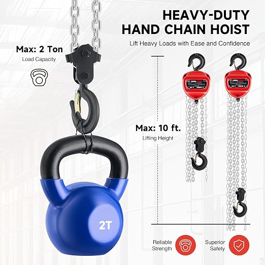 CREWORKS Hand Chain Hoist, 2 Ton 4400 lb Capacity 10 ft Manual Chain Hoist with G80 Load Chain & Double Guide Wheels, Heavy Duty Manual Lever Hoist for Construction Warehouse Automotive Factory
